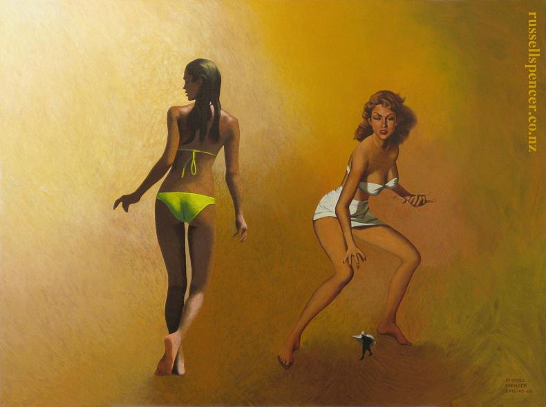 Painting of 50 Foot Woman and Jessica Alba by Russell Spencer