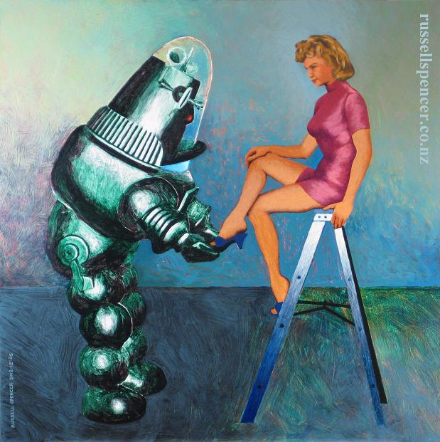 Painting of Robbie the Robot and Altaira from 1956 film Forbidden Planet by artist Russell Spencer